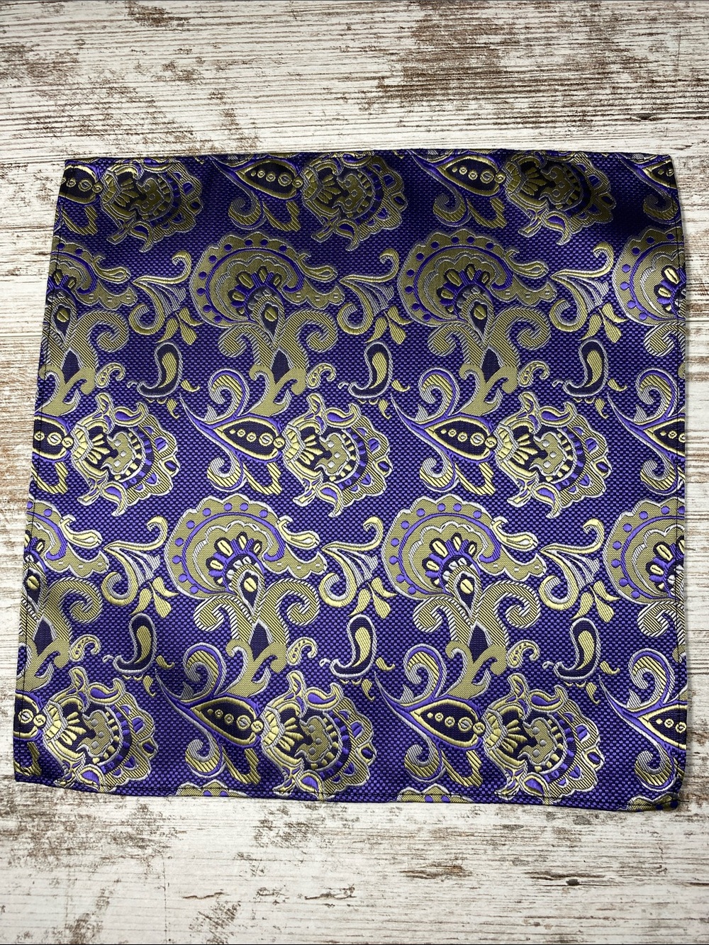 Purple Gold Paisley Silk Blend Pocket Square Mens Handkerchief 9.5”